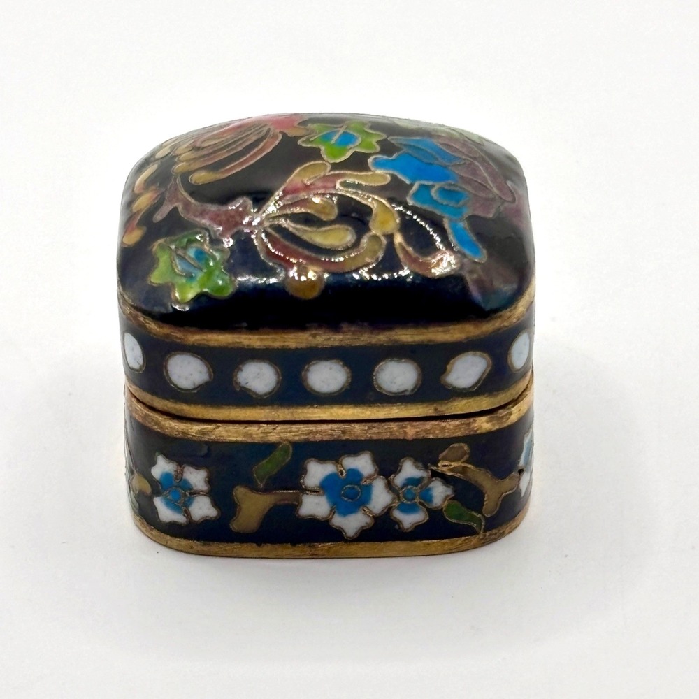 Vintage Cloisonné Multicolor Enamel Gold tone Trinket Pill Box 1.25" Square